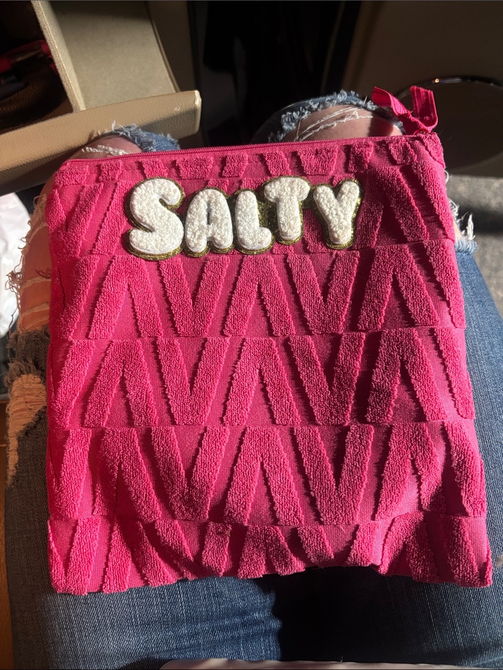 Pink Textured Cosmetic Pouch with 'Salty' Appliqué